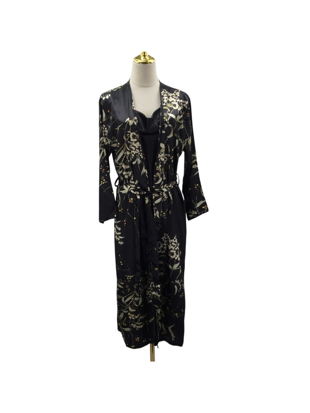 KIMONO SZ M black floral robe and slip pajama lounge 2 piece set NEW 0B8